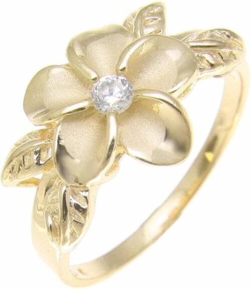 Arthur's Jewelry Yellow gold plated 925 sterling silver Hawaiian plumeria flower cz maile leaf leaves ring size 3 to 10