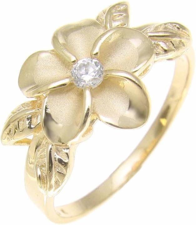 Arthur’s Jewelry Yellow gold plated 925 sterling silver Hawaiian plumeria flower cz maile leaf leaves ring size 3 to 10