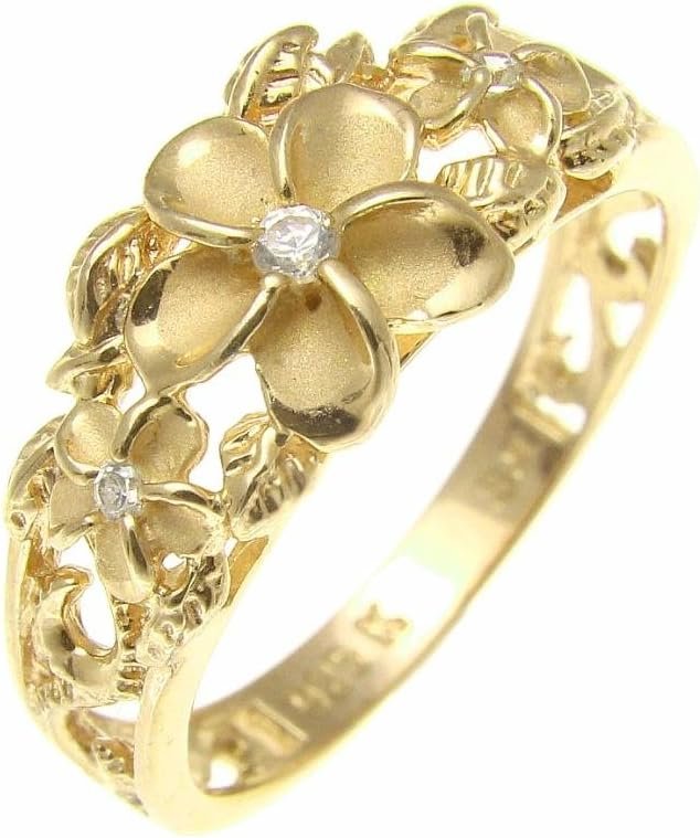 Arthur's Jewelry Yellow Gold Plated Silver 925 Hawaiian 3 Plumeria Flower cz Ring Maile Leaf Cut Out Scroll Size 3 to 10
