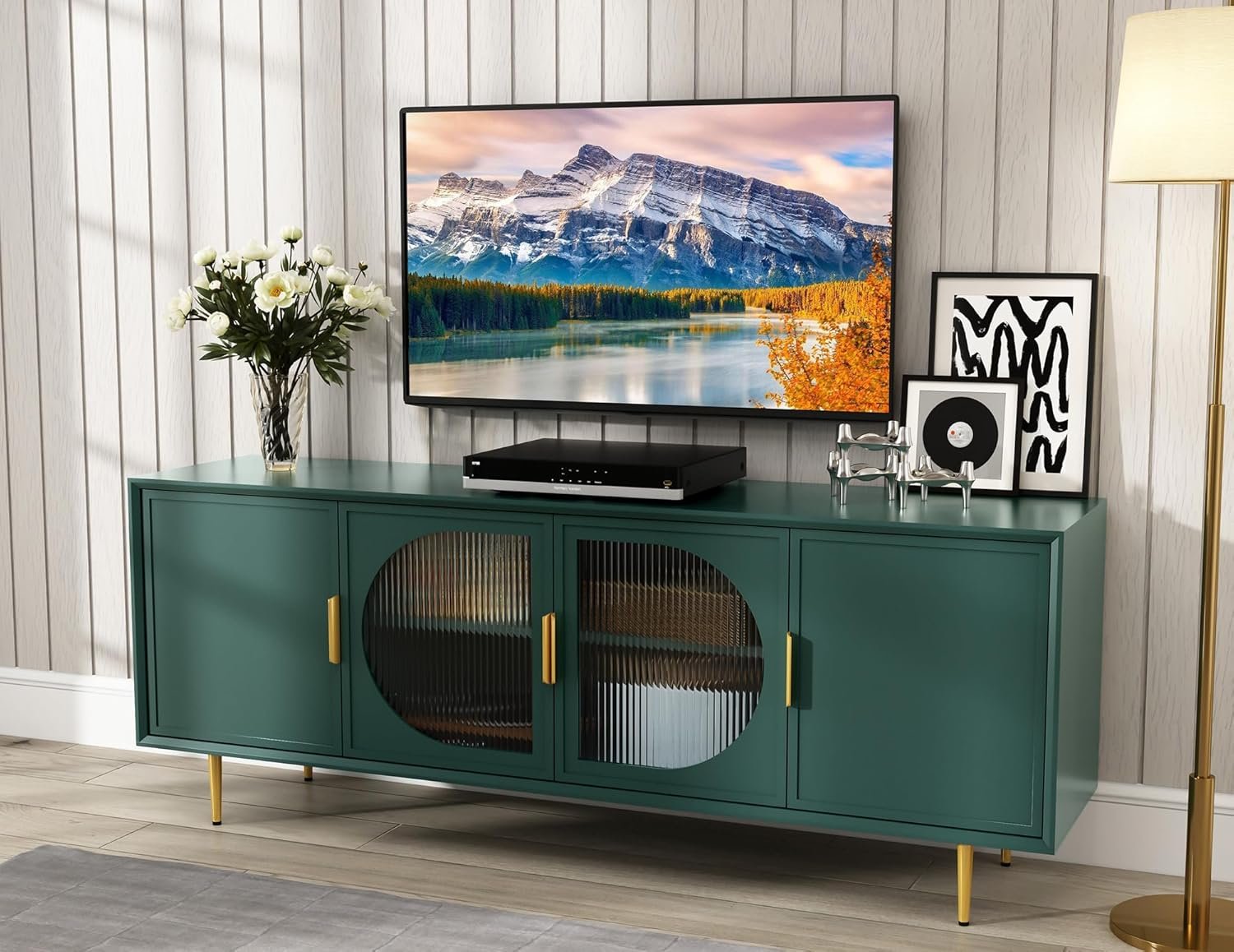 ARTPOWER Modern TV Stand for TVs up to 70+ inch, Glass Door Television Console Table with Gold Leg, Entertainment Center with Storage Cabinet, Wood Media Furniture for Bedroom,…