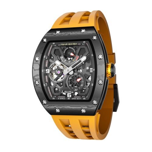 Automatic Watch for Men Mechanical Skeleton Watch, 50M Waterproof Power Reserve Mens Watches, Luxury Tonneau Yellow Carbon Fiber Wristwatch, Unique Gifts for Men