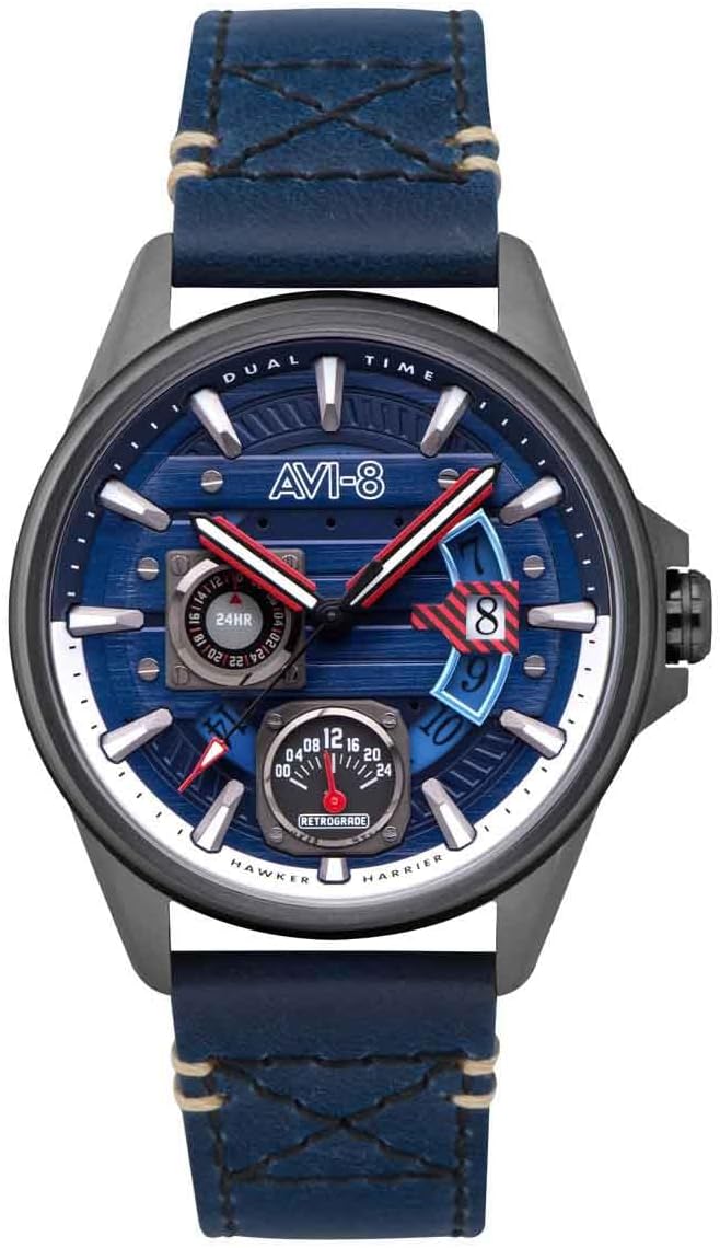 AVI-8 Pilot Hawker Harrier Farley Men’s Japanese Quartz 44mm Watch with Leather Strap AV-4098