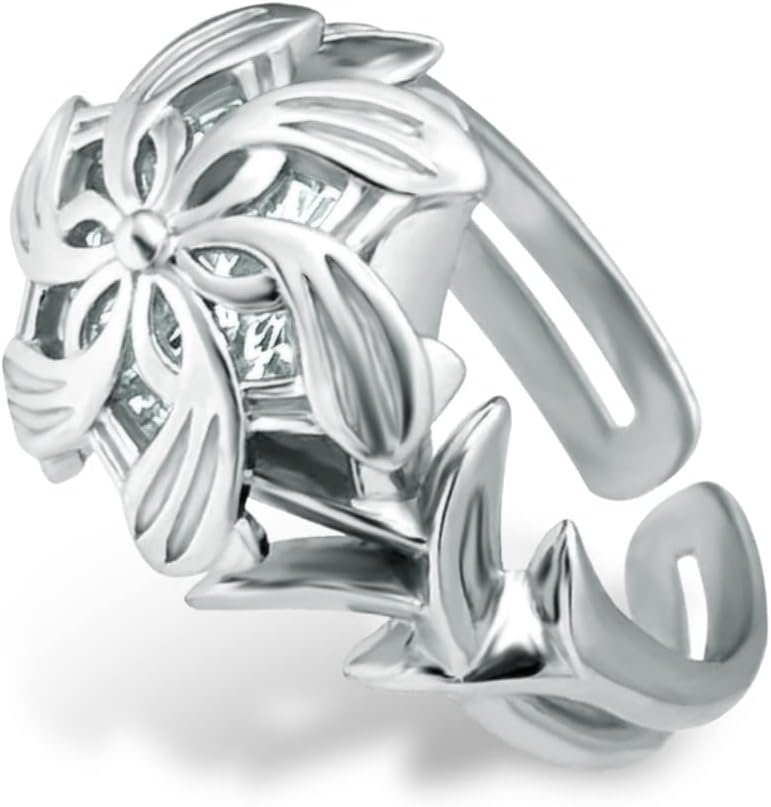 bahamut Elven Queen Galadriel Nenya 925 Sterling Silver Flower Wedding Band Ring for Women Adjustable Open Rings