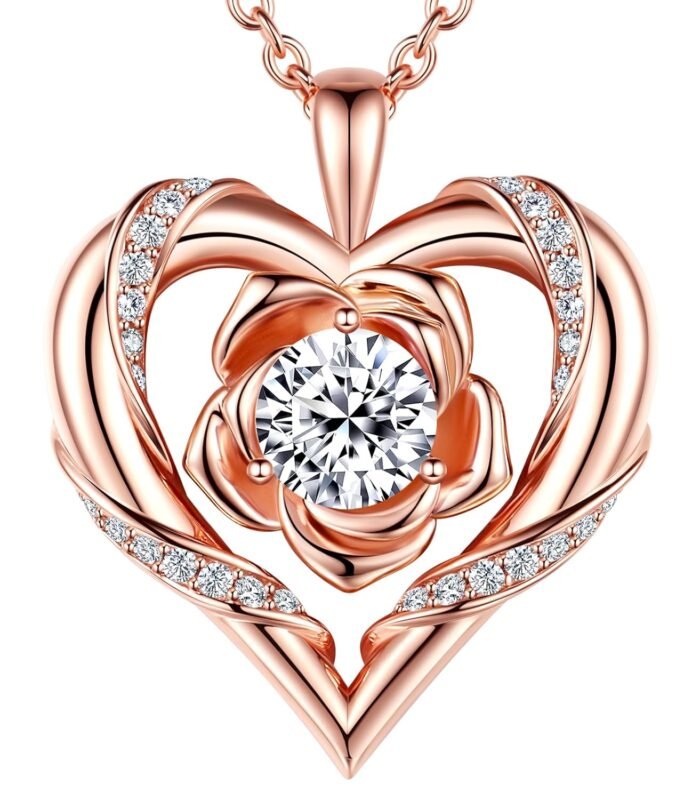 Beam & Bask Rose Flower Heart Moissanite Necklaces for Wife, S925 Silver Pendant for Women, 18K Gold Plated Jewelry for Her Girlfriend Mom for Anniversary Birthday