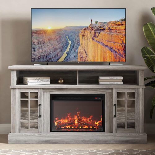 BELLEZE Traditional 58" Rustic TV Stand with 23" Electric Fireplace Heater with Sound, Media Entertainment Center Console Table for TV up to 65" with Open Storage Shelves and...