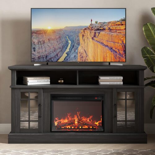 BELLEZE Traditional 58" Rustic TV Stand with 23" Electric Fireplace Heater with Sound, Media Entertainment Center Console Table for TV up to 65" with Open Storage Shelves and...