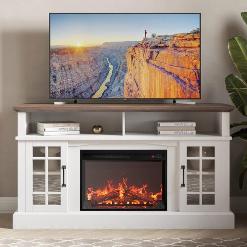 BELLEZE Traditional 58" Rustic TV Stand with 23" Electric Fireplace Heater with Sound, Media Entertainment Center Console Table for TV up to 65" with Open Storage Shelves and...