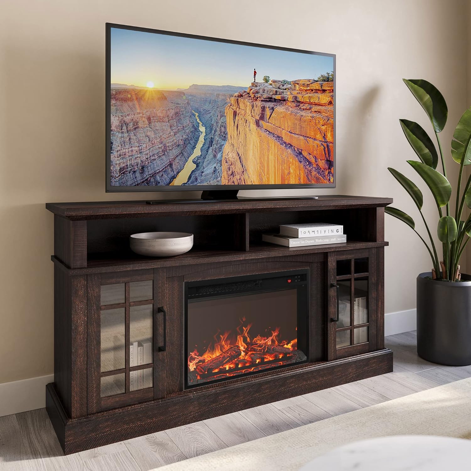 BELLEZE Traditional 58″ Rustic TV Stand with 23″ Electric Fireplace Heater with Sound, Media Entertainment Center Console Table for TV up to 65″ with Open Storage Shelves and…