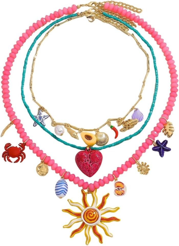Bohemian Beaded Necklace for Women, Sun Sea Star Crab Shell Heart Pendant Necklace, Multichain Sea Life Jewelry Beach Gift for Party Summer Daily Wear