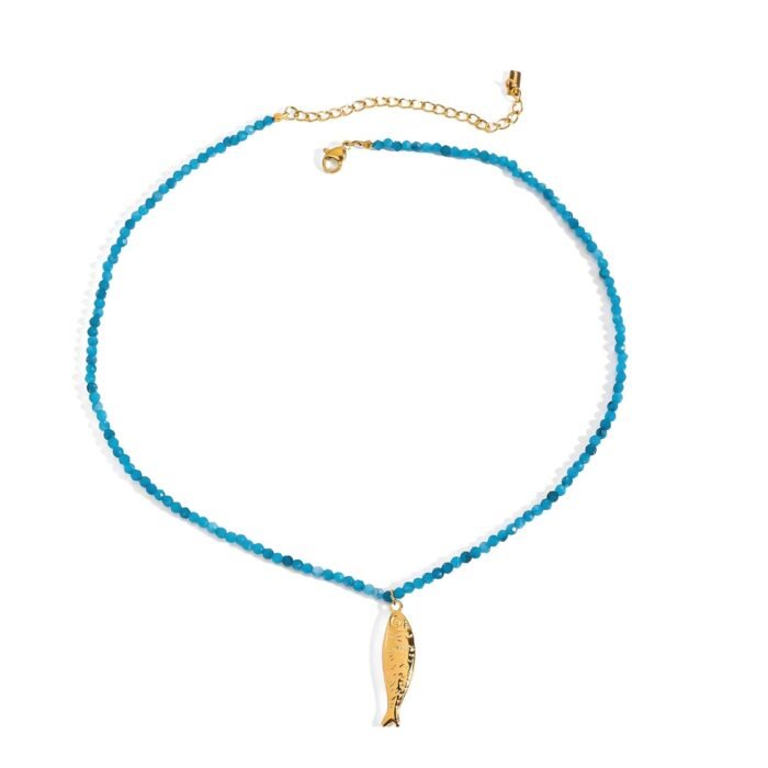 Boho Fish Necklace for Women - Blue Crystal Chain Sardine Pendant Necklaces, Bohemian Beach Jewelry | Waterproof Summer Jewelry for Swimwear & Vacation