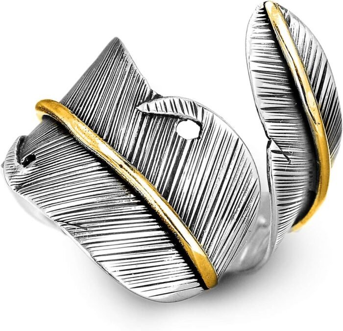 Boho-Magic 925 Sterling Silver and Brass Feather Ring for Women – Adjustable Nature-Inspired Leaf Wrap, Handmade Two-Tone Wide Band Statement Ring – Fits Sizes 7 to 10 – Modern...