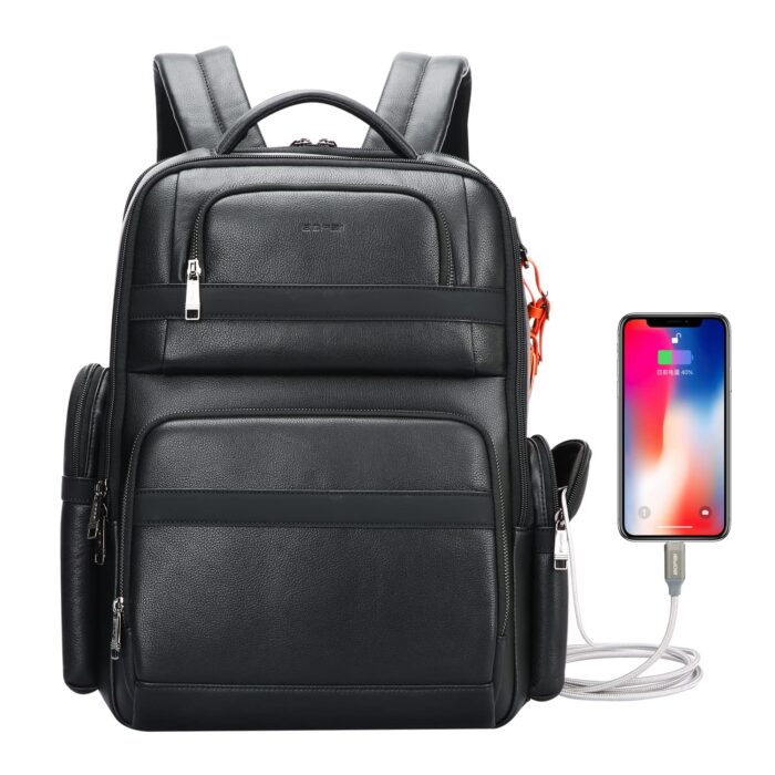 BOPai 40L Genuine Business Leather Laptop Professional Backpack for Men 15.6 inch Computer with USB Charging Multi-Functional Large Capacity Travel Smart Work Rucksack Anti...