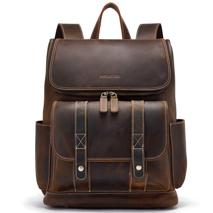 BOSTANTEN Leather Backpack for Men 15.6 inch Laptop Backpack Vintage Travel Office Bag Large Capacity Shoulder Bag Coffee