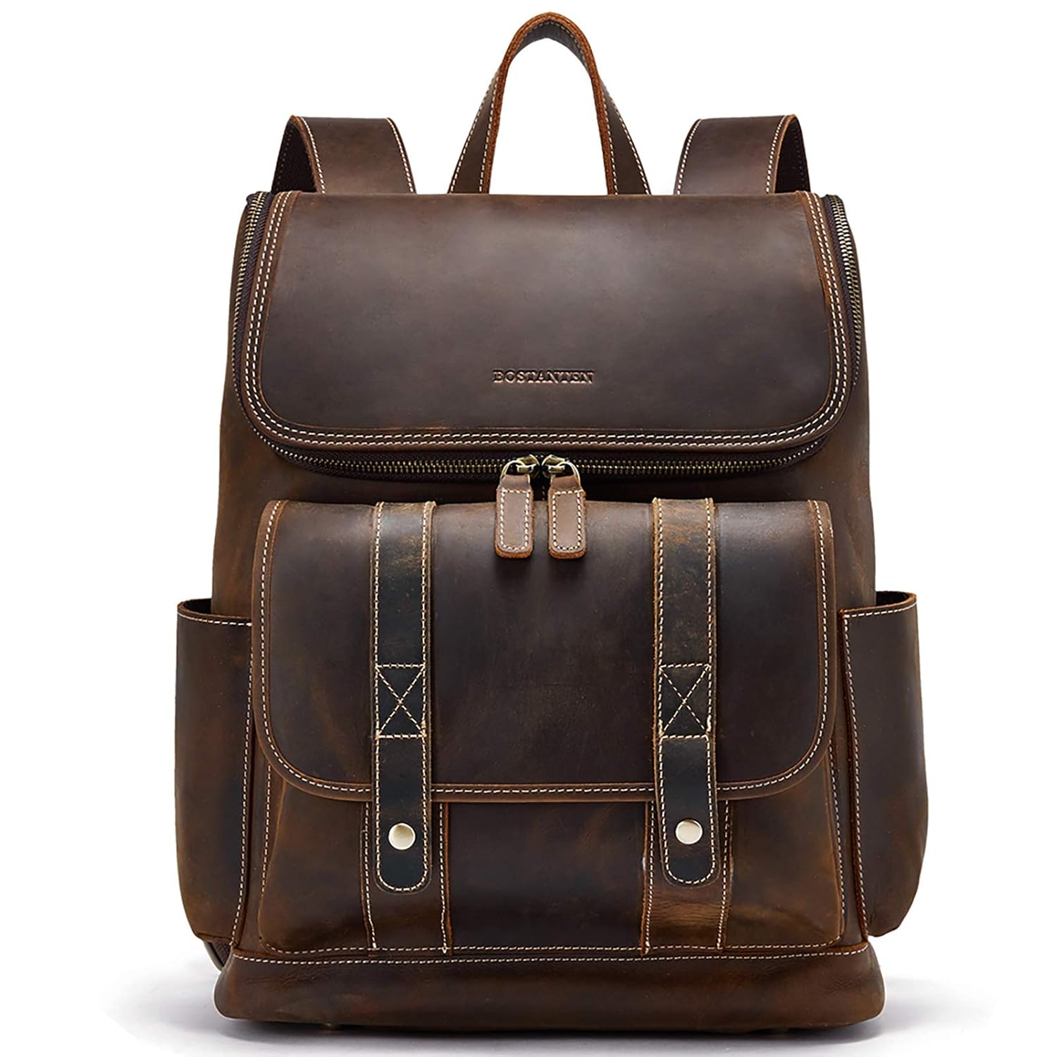 BOSTANTEN Leather Backpack for Men 15.6 inch Laptop Backpack Vintage Travel Office Bag Large Capacity Shoulder Bag Coffee