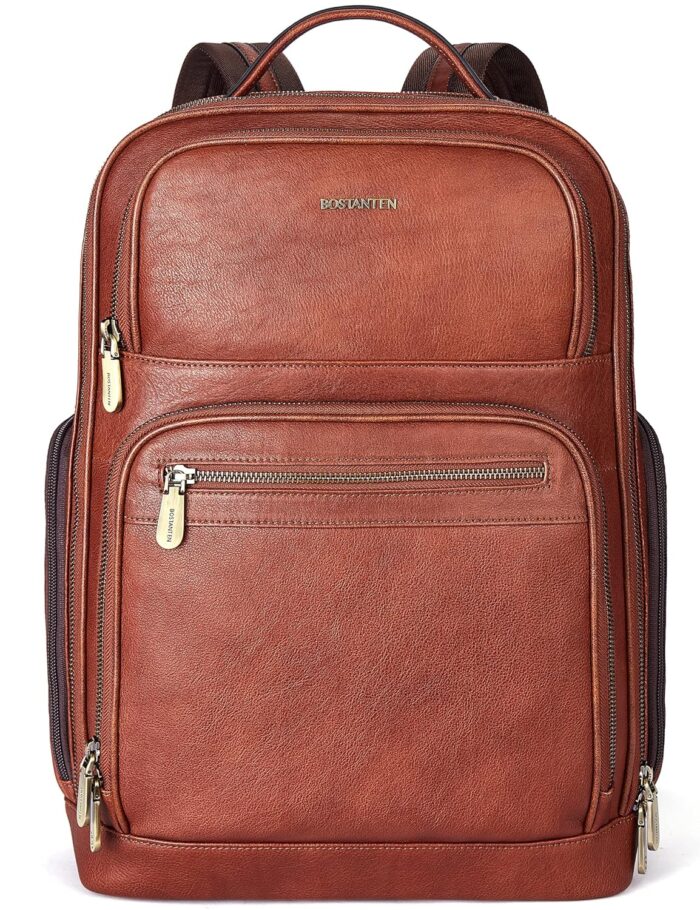 BOSTANTEN Leather Backpacks College 15.6” Laptop Travel Computer Shoulder Backpack For Men Coffeebrown