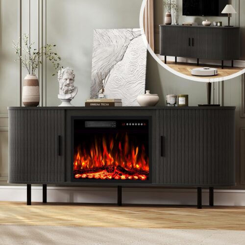 BREEZEHEAT 65" Fluted Fireplace TV Stand for TVs Up to 75''+, Entertainment Center with Electric Fireplace, Curved Modern Design, Media Console Cabinet for Living Room (Black)