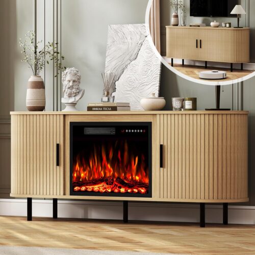 BREEZEHEAT 65" Fluted Fireplace TV Stand for TVs Up to 75''+, Entertainment Center with Electric Fireplace, Curved Modern Design, Media Console Cabinet for Living Room (Natural...
