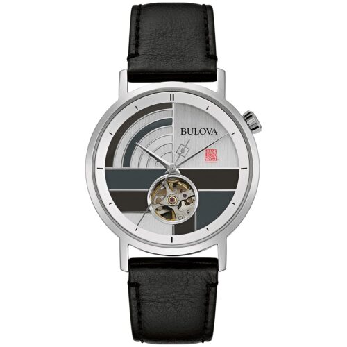 Bulova Frank Lloyd Wright 'December Gifts' Stainless Steel 3-Hand Automatic Watch, Black Leather Strap and Open Aperture Dial Style: 96A248