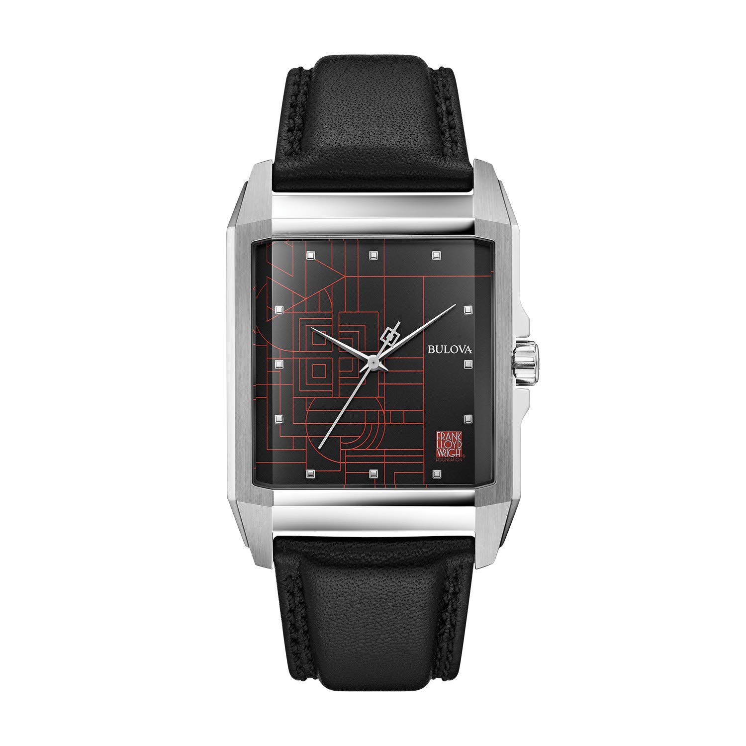 Bulova Frank Lloyd Wright ‘December Gifts’ Stainless Steel 3-Hand Quartz Dial, Black Leather Strap Style: 96A223