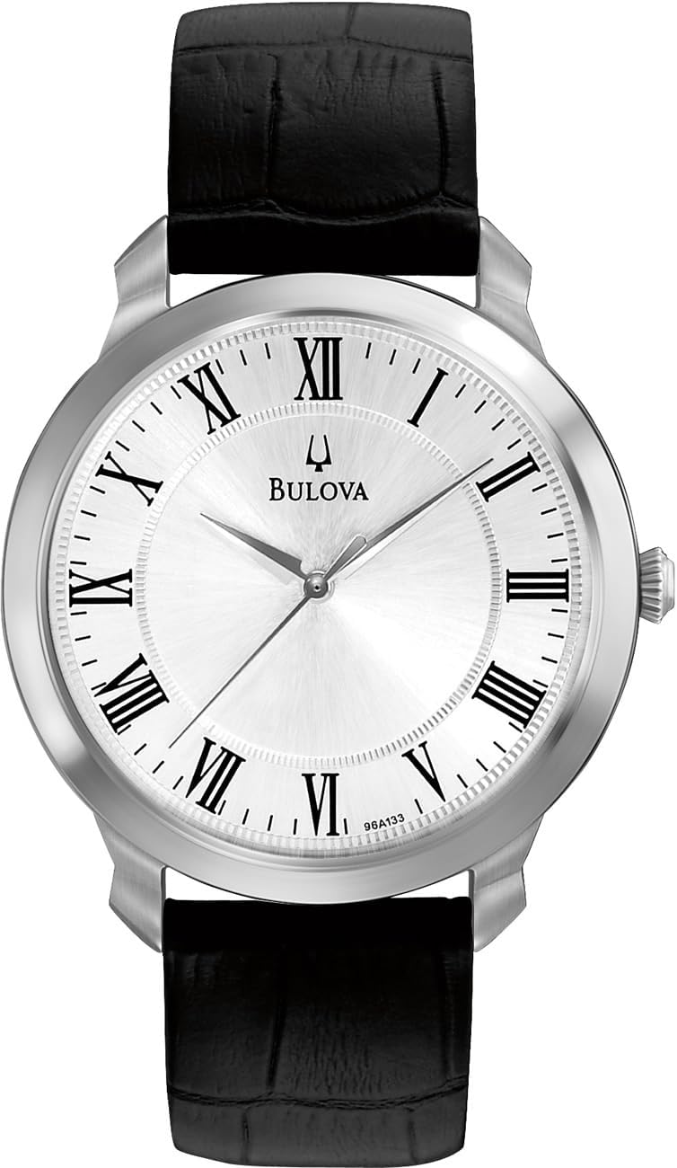 Bulova Men’s Classic 3-Hand Quartz Black Leather Strap Watch, Roman Numeral Markers, 41mm