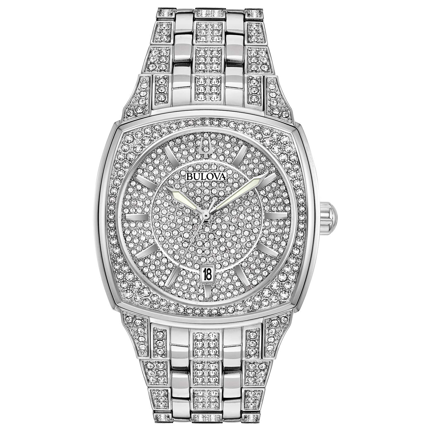 Bulova Men’s Crystal Phantom 3-Hand Date Quartz Cushion Shaped Case Watch, Pave Crystal Dial, 40mm