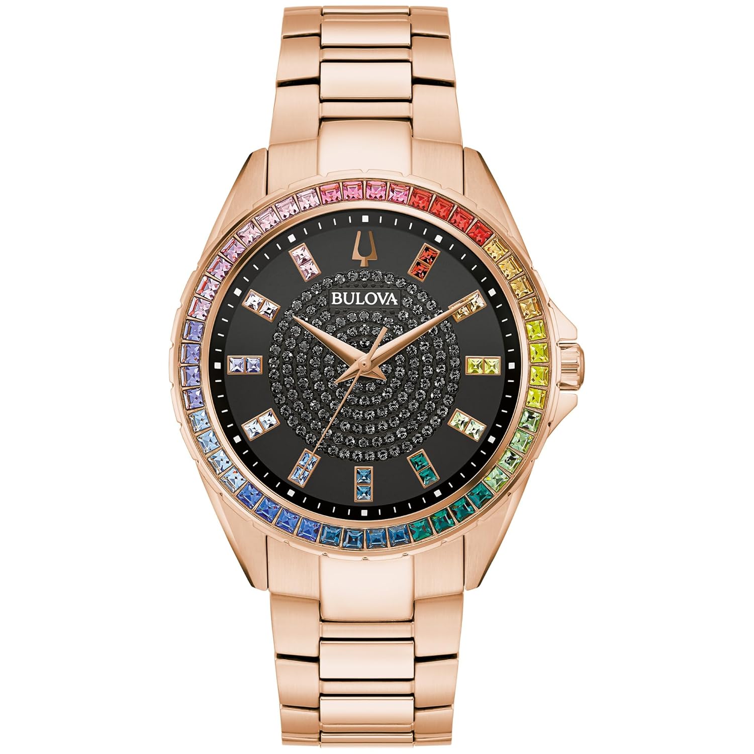 Bulova Men’s Crystal Phantom Rose Gold Tone Stainless Steel 3-Hand Watch, Rainbow Crystal Bezel and Black Dial with Pave Center, Style:97A180
