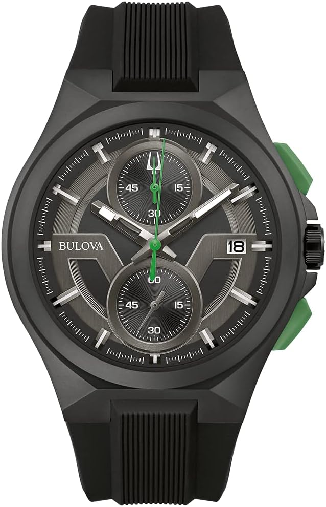 Bulova Men’s Maquina Sport Black Ion-Plated Stainless Steel Case, 6-Hand Chronograph Quartz Watch with Matte Black Silicone Strap, Sapphire Crystal, Black Strap/ Green Accents