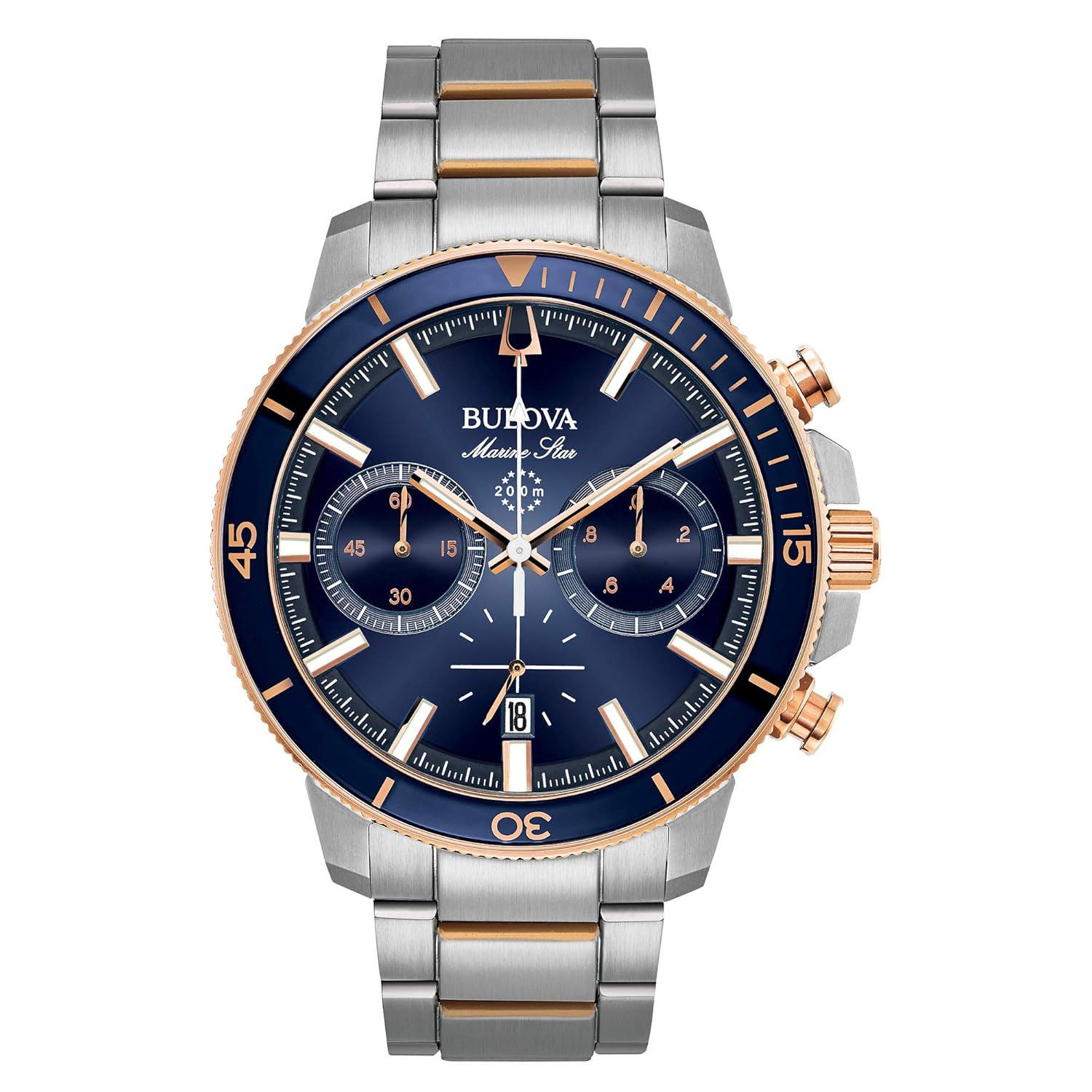 Bulova Men’s Marine Star Series C Two-Tone Rose Gold Stainless Steel 6-Hand Chronograph Quartz Watch, Blue Dial Style: 98B301