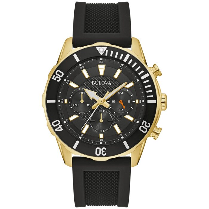 Bulova Men's Sport 6-Hand Chronograph Quartz Watch with Silicone Strap, 24 Hour Time, Calendar Date, Luminous Hands and Markers, 100M Water Resistant, 44mm