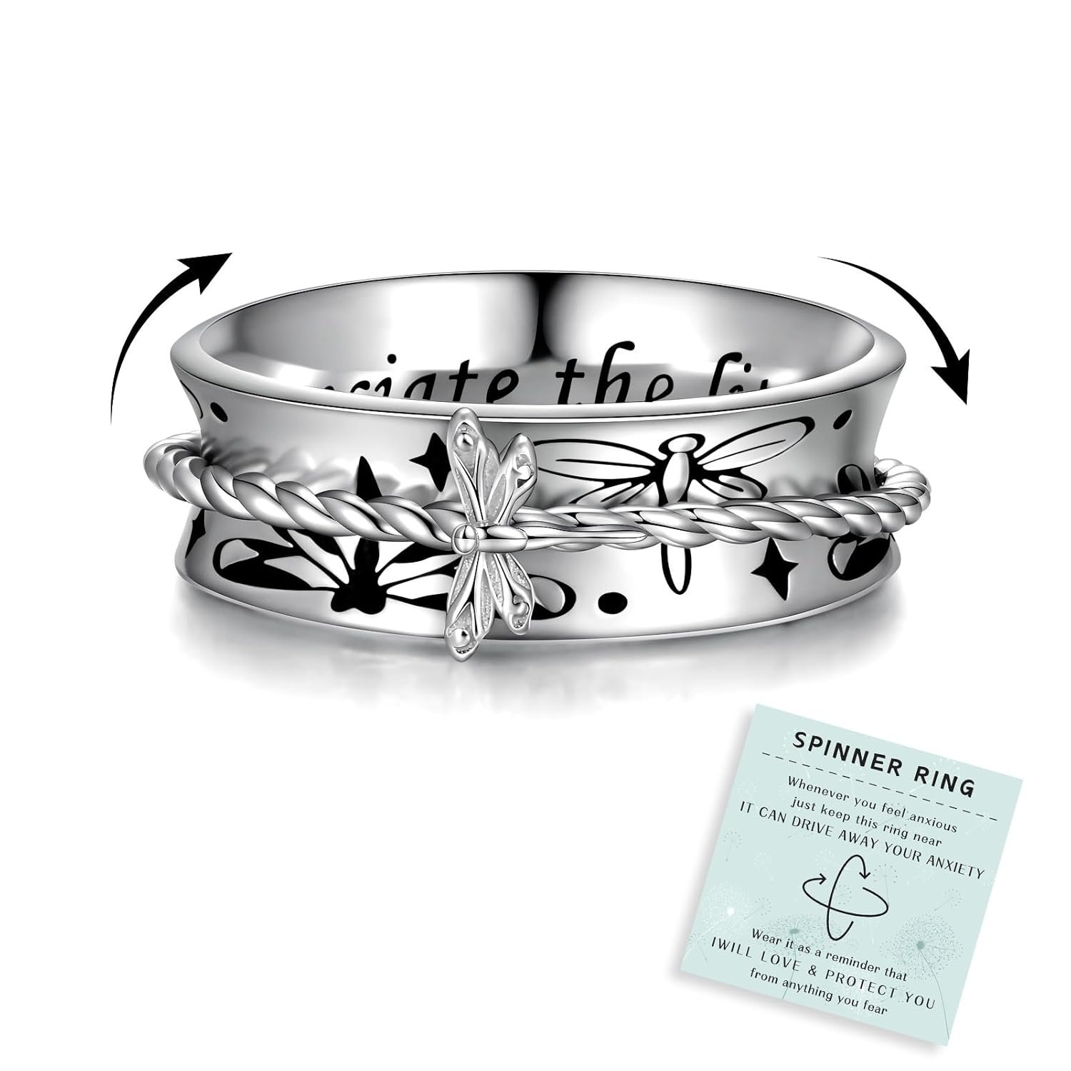 Butterfly Dragonfly Fidget Ring 925 Sterling Silver Anxiety Spinner Rings Relief Stress for Women Daughter Mom