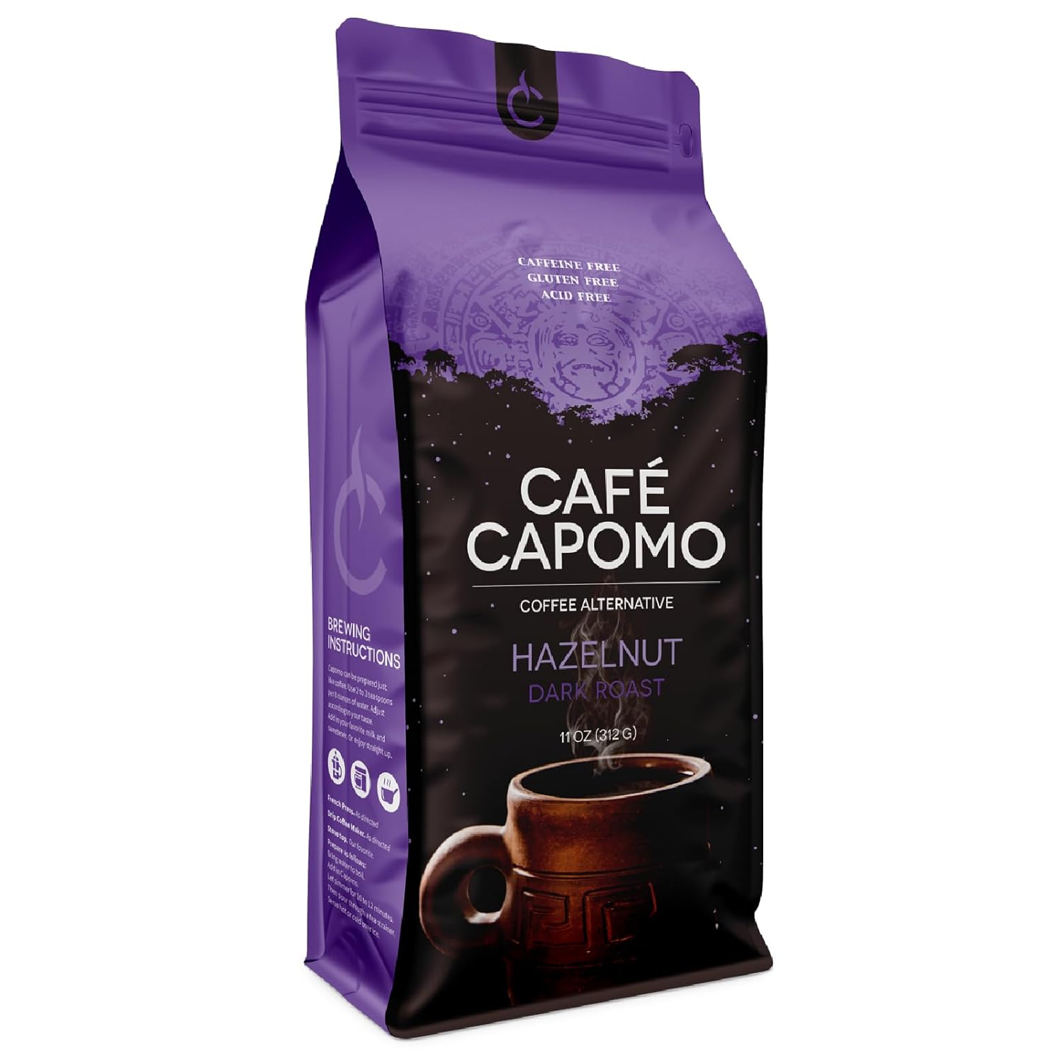 Cafe Capomo Coffee Alternative, Maya Nut Herbal Coffee Substitute, Caffeine & Acid Free Coffee Replacement, Hazelnut Dark Roast, 11 oz., 25 Years of Premium Service