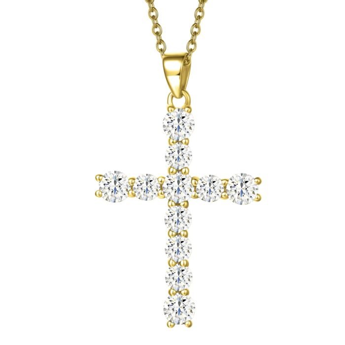 Carleen Cross Necklace For Women Yellow Gold Plated Sterling Silver Cubic Zirconia CZ Simulated Diamond Cross Crucifix Pendant Necklace Jewelry Easter Gift for Women, 18" Silver...
