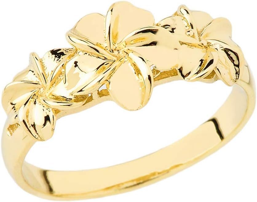 Certified 10k Gold Trio Hawaiian Plumeria Flower Ring