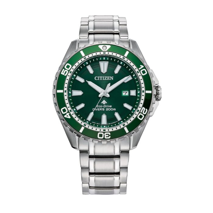 Citizen Men's Eco-Dive Promaster Dive, Silver-Tone Stainless Steel Bracelet Watch, Green Dial, 3 Hand, Date (Model: BN0199-53X)