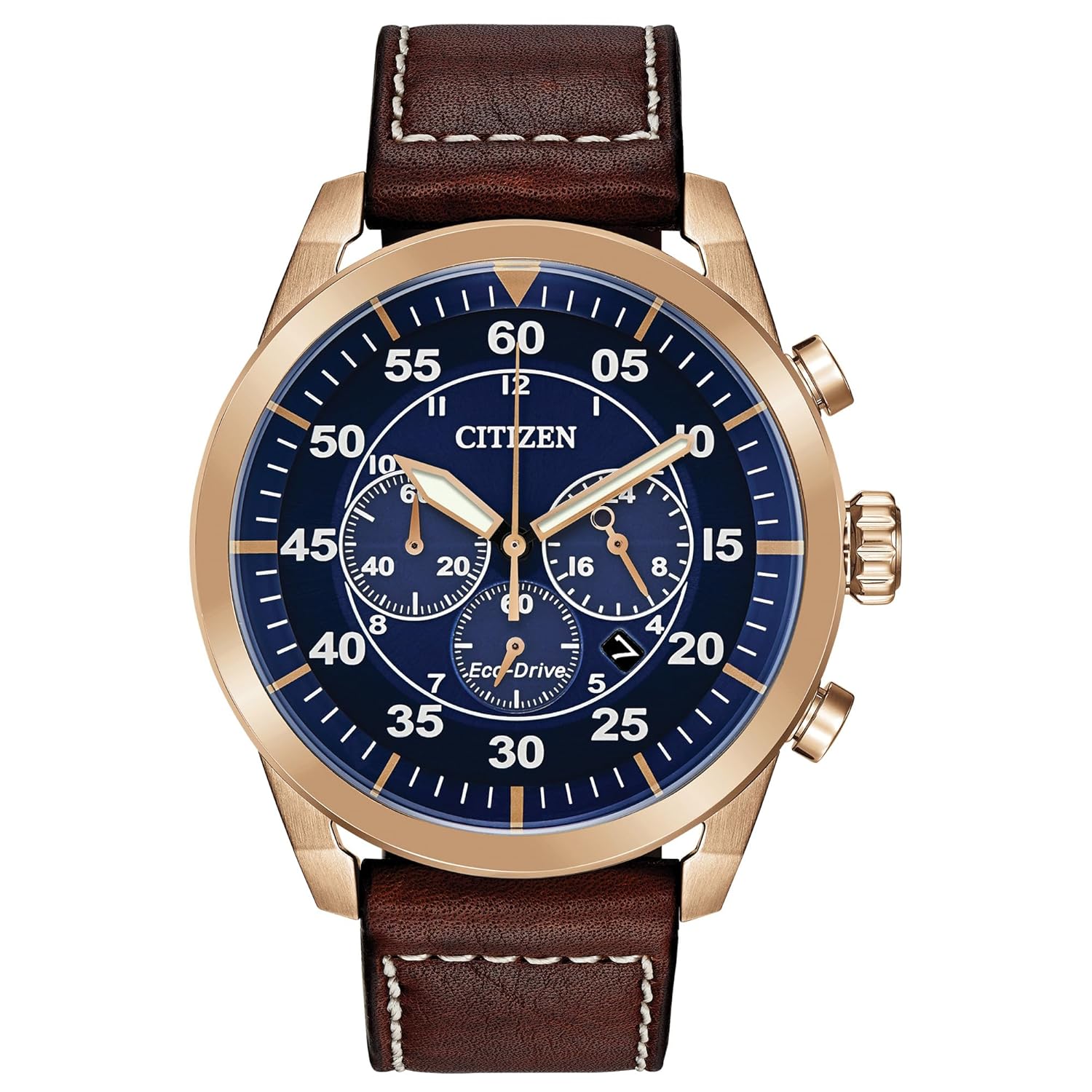 Citizen Men’s Eco-Drive Weekender Avion Rose Gold Stainless Steel Chronograph Watch with Brown Leather Strap, Blue Dial (Model: CA4213-18L)