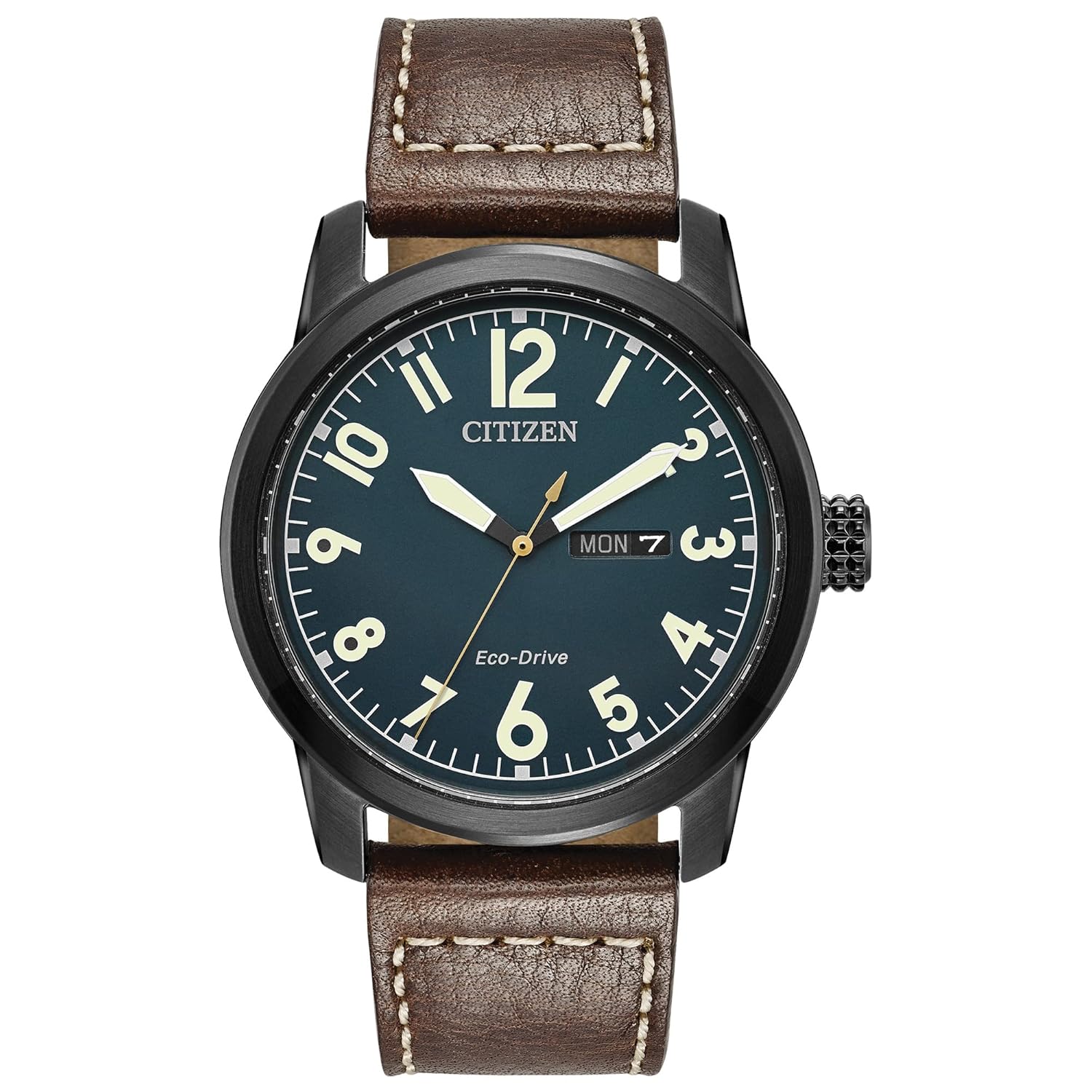 Citizen Men’s Eco-Drive Weekender Garrison Field Watch in Black IP Stainless Steel with Brown Leather strap, Navy Dial (Model: BM8478-01L)