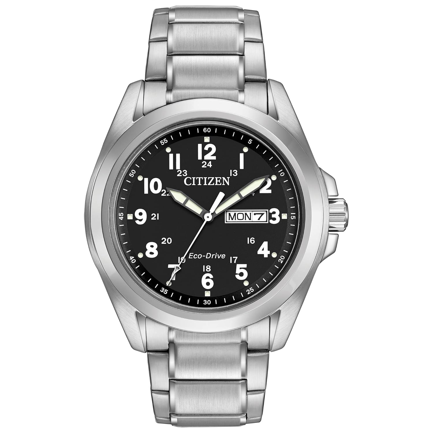 Citizen Men’s Eco-Drive Weekender Garrison Field Watch in Stainless Steel, Black Dial, Arabic Markers, Luminous, 43mm (Model: AW0050-82E)