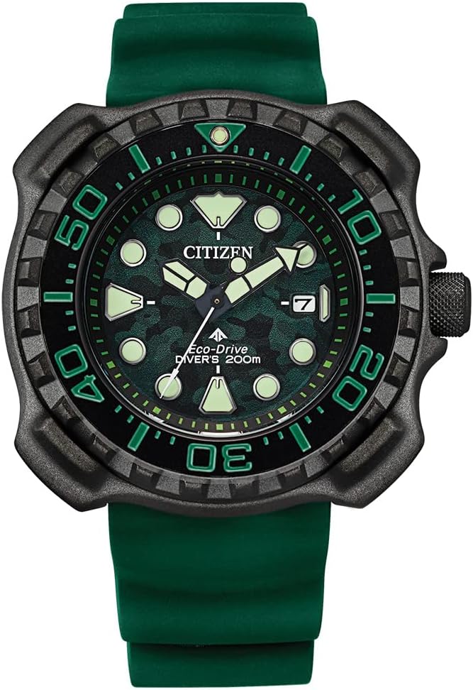 Citizen Men’s Promaster Dive Eco-Drive Watch, 3-Hand Date, Polyurethane Strap, ISO Certified, Super Titanium™, Luminous Hands and Markers, One-Way Rotating Bezel, Green