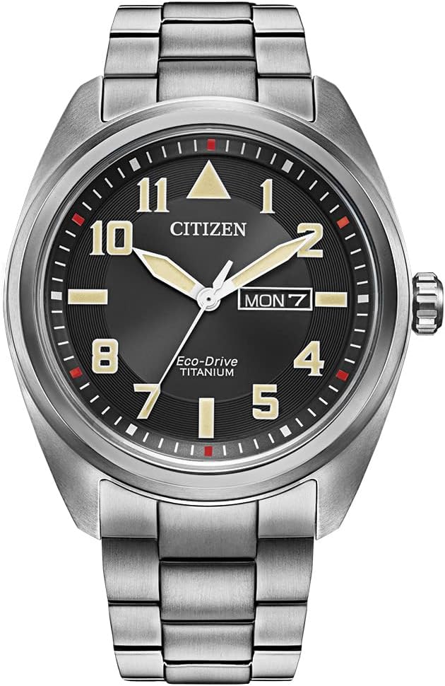 Citizen Men’s Sport Casual Garrison 3-Hand Day/Date Eco-Drive Watch, Arabic Markers, Super Titanium®, Sapphire Crystal, Field Watch