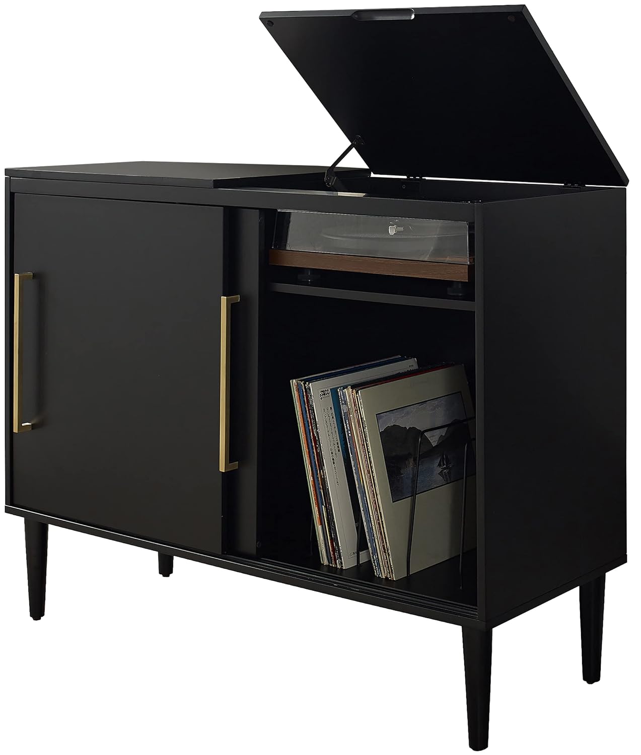 Crosley Furniture Everett Media Console and Record Player Stand with Storage for Vinyl Records, Matte Black
