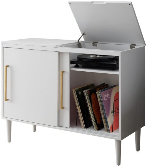 Crosley Furniture Everett Media Console and Record Player Stand with Storage for Vinyl Records, White
