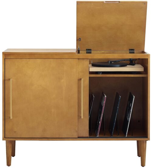 Crosley Furniture Everett Media Console and Record Player Stand with Storage for Vinyl Records, Acorn