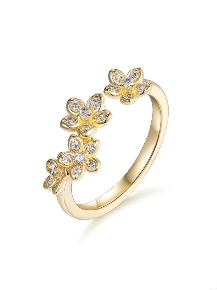 CYW Moissanite Flowers/Stars Pretty Open Rings for Women, Adjustable Ring, Solid 925 Sterling Silver with Gold Plated, Stackable Ring, Birthday Valentines Anniversary Mothers...
