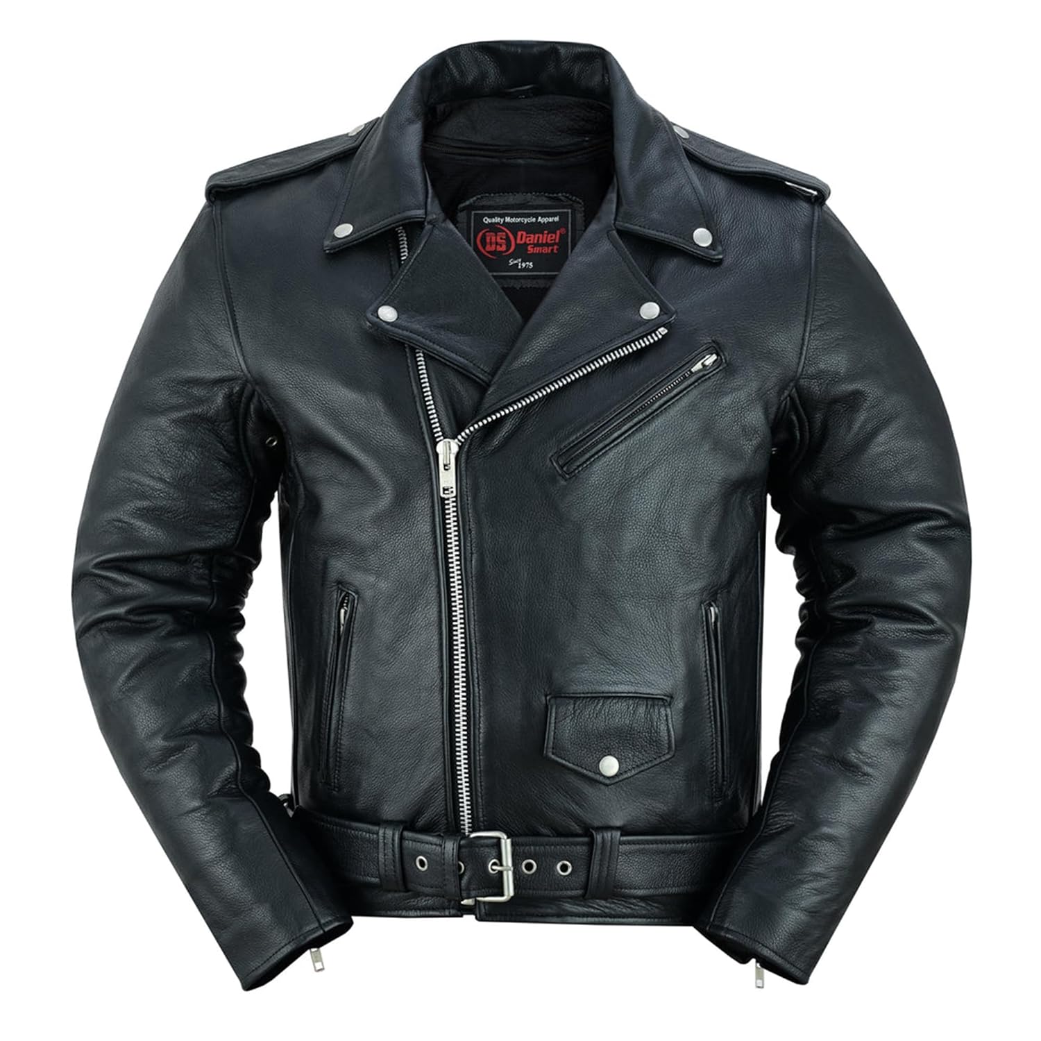 Daniel Smart Classic Men’s Leather Jacket – Motorcycle Leather Jacket with Plain Sided Design and inside insides