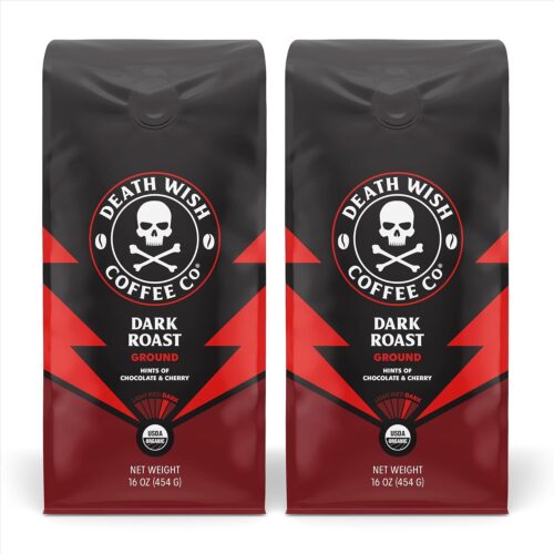 Death Wish Coffee Dark Roast Grounds -16 Oz, 2 Packs of Bold & Intense Blend of Arabica & Robusta Beans - USDA Organic Ground Coffee - Pack of 2