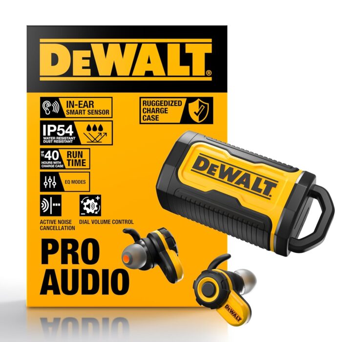 DEWALT Heavy Duty Bluetooth Jobsite Pro X2 ANC True Wireless Earbuds, Active Noise Cancelling Work Earbuds, Turn Dial Controls, 10Hr Runtime (40+ w/Case), 4 EQ Modes, IP54