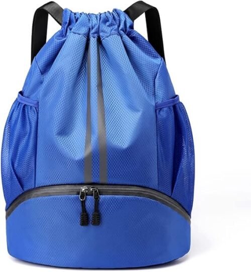 Drawstring Gym Bag for Men, Waterproof Drawstring Backpack for Women, Swim with Shoes Compartment, Pull String Sport Bag for Soccer and Basketball. (Blue)