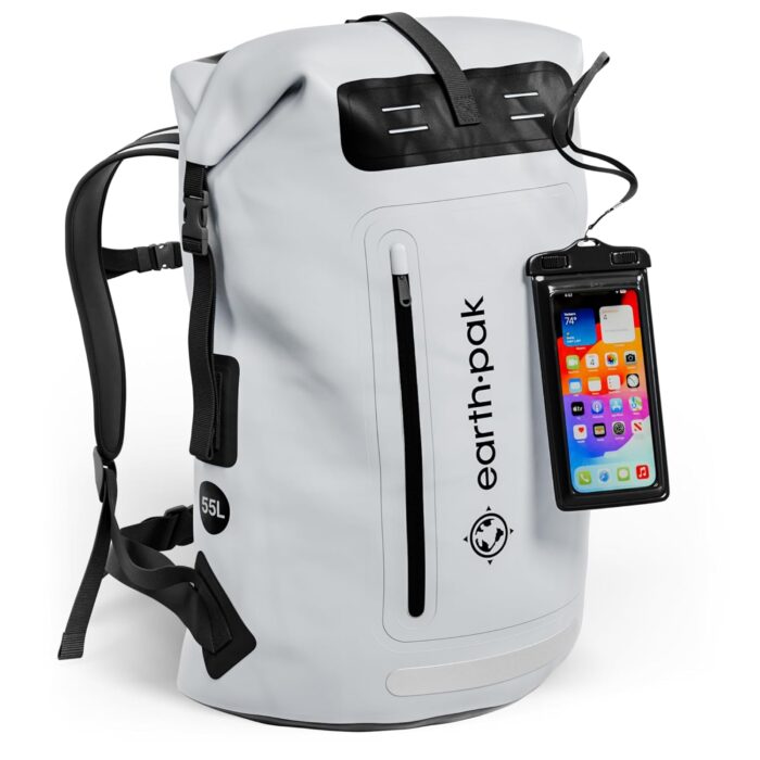 Earth Pak Waterproof Backpack - Heavy Duty Hiking Backpack - Roll-Top Closure Bag - Cushioned Dry Bag Waterproof Phone Case