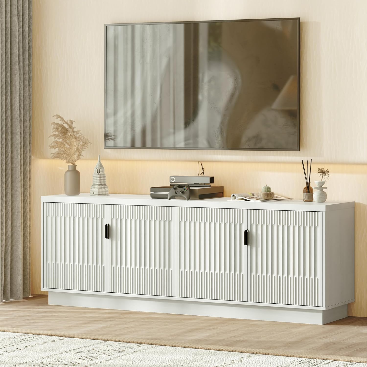 Farmhouse TV Stand for Television Up to 75 Inches, 4 Fluted Doors Rustic Entertainment Center with Storage & Adjustable Shelves, Mid Century Modern Wood TV Consoles for Living…