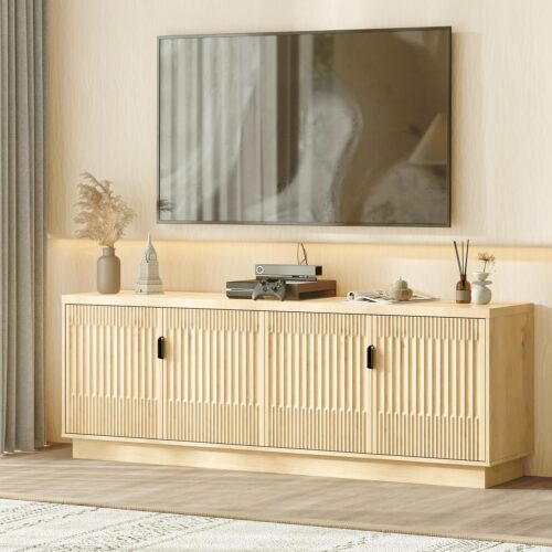 Farmhouse TV Stand for Television Up to 75 Inches, 4 Fluted Doors Rustic Entertainment Center with Storage & Adjustable Shelves, Mid Century Modern Wood TV Consoles for Living...